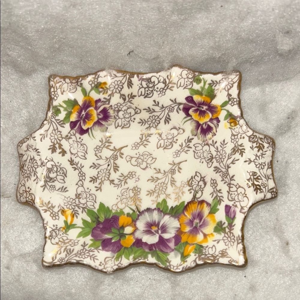 James Kent Floral Decorative Dish With Purple & Yellow Flowers And Gold Accents